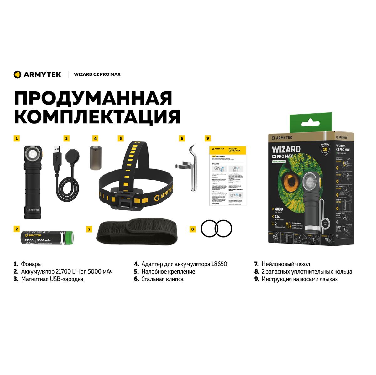Фонарь Wizard C2 Pro Max Magnet USB Теплый свет Armytek